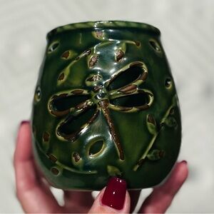 Vintage Green Ceramic Dragonfly Motif  Pot Candle Holder